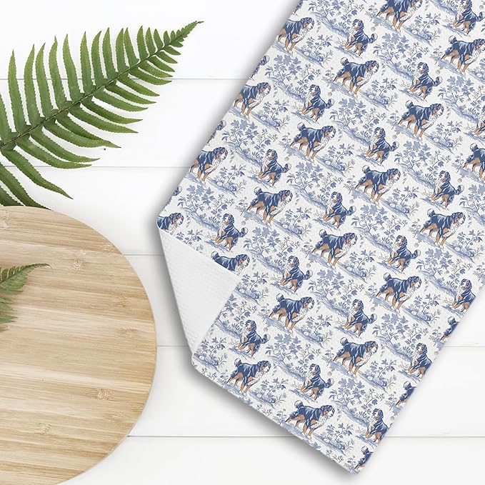 Chinoiserie Bernese Mountain Dog Kitchen Towels, Bernese Mountain Gifts, Grandmillennial Botanical Dog Hand Towels for Kitchen Bathroom, 16x24 Inch