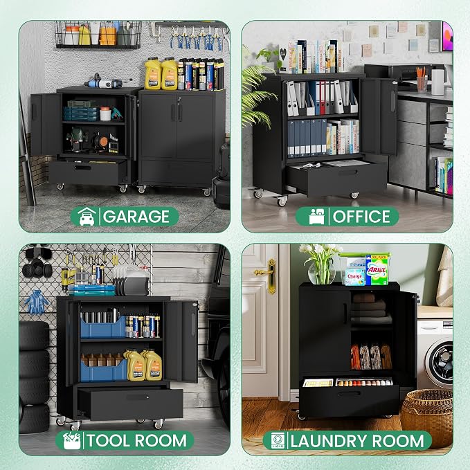 Garage Cabinets,Metal Garage Storage Cabinet with Wheels,Black Lockable Rolling Tool Cabinet with Drawer and Adjustable Shelves,Heavy Duty Tools Cabinet for Home Office Utility Room