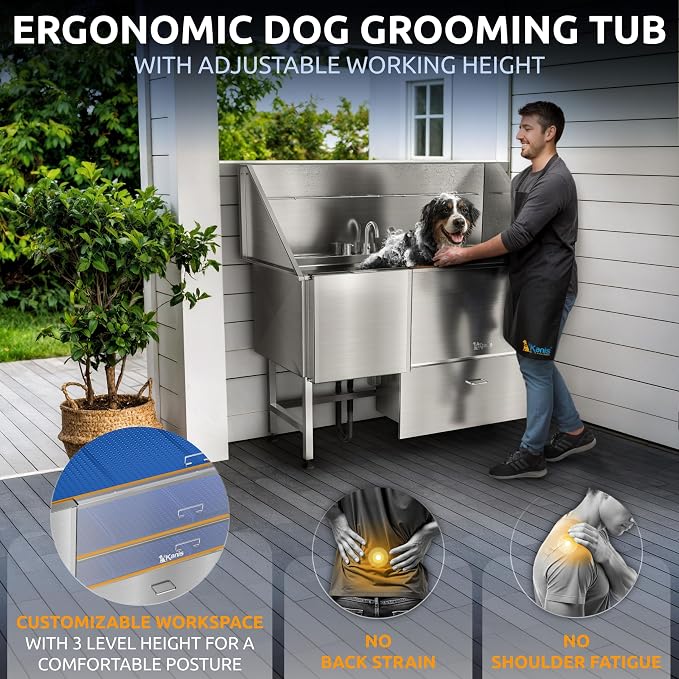 Professional Dog Washing Station 304 Stainless Steel Pet Wash Sink | Grooming Bathtub w/Shower, Floor Grates and Storage for Large, Medium & Small Pets (Silver, 61 Inches, Left Ramp, 1 Drawer)