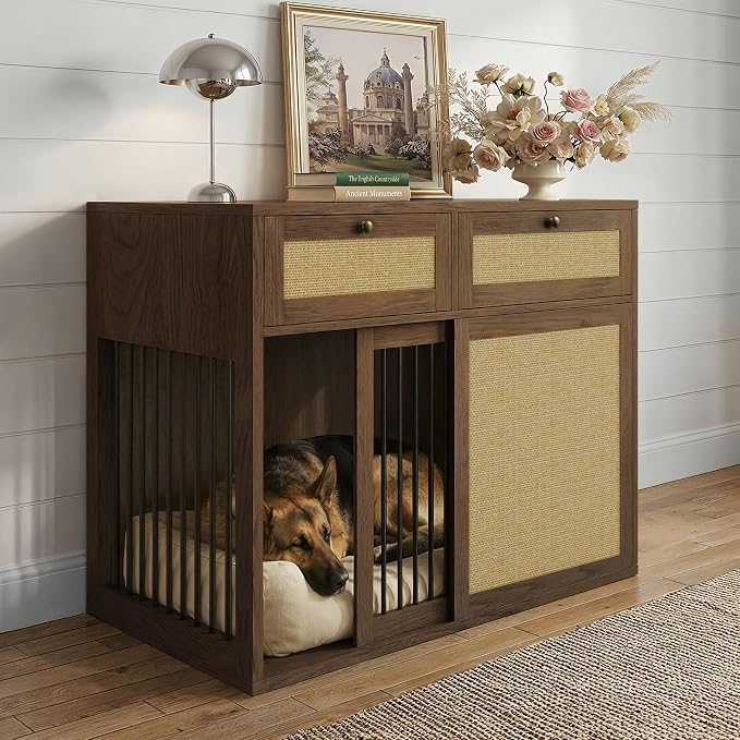 PureCozy Wooden Dog Crate Furniture, Left Unit, 40 Inch, Daek Oak | Cane cabinet and metal sliding door with 2 storage drawers; furniture-style indoor kennel doubles as an end table.