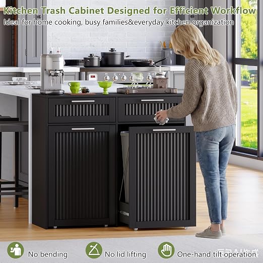 Double 13 Gallon Pull Out Trash Can Cabinet with Drawer, Garbage Cabinet | Pet Proof Hidden Trash Storage, Fluted Farmhouse Design, Space-Saving Kitchen Organizer, Dining Room Storage,Black