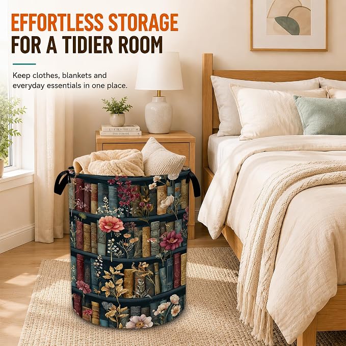 Vintage Bookshelf Flowers Laundry Basket,Foldable Oxford Laundry Hamper with Handles,Portable Clothes Tote Bag Clothes Storage Bucket Organizer 20.8" x16" For Bathroom/Laundry Storage/Bedroom