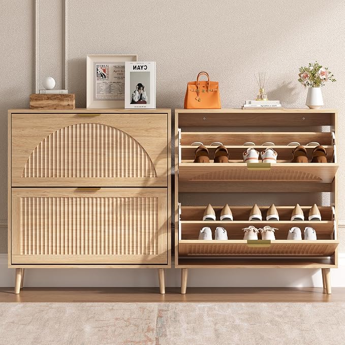 BORNOON Shoe Cabinet for Entryway with 2 Flip Drawers, Slim Wooden Shoe Storage Organizer with Modern Fluted Pannel，Freestanding Narrow Hidden Shoe Rack for Hallway, Foyer, Living Room