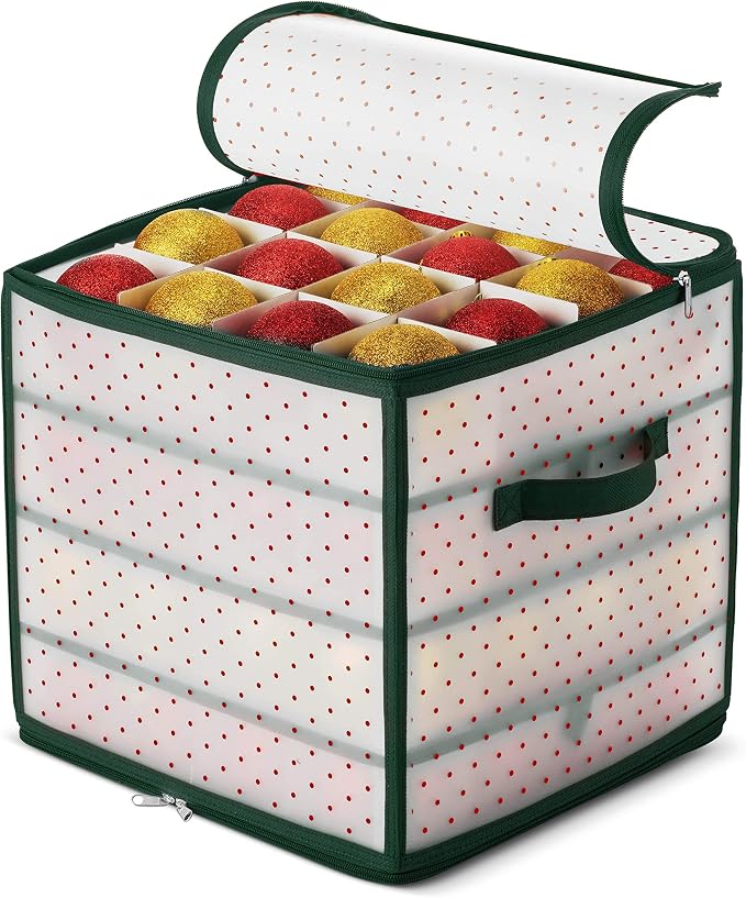 ZOBER Christmas Ornament Storage Box Plastic - Stores 64 3" Ornaments with Individual Trays - Ornament Organizer Storage Box, Durable Christmas Containers Holder - Green