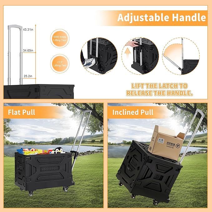 VECELO 88LHeavy-Duty 2-in-1 Foldable Utility Cart, Large Capacity Rolling Crate, Thickened Material with Silent Swivel Wheels, Dual Modes (Basket/Flatbed) for Grocery, Laundry, Camping, Black