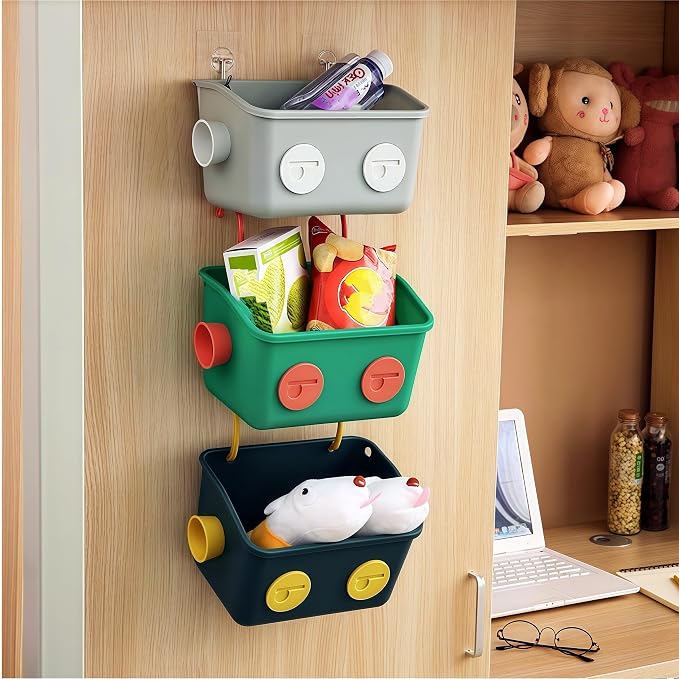 Noamus 6 Pack Bath Toy Storage Organizer Basket, 3 Layers Wall Mounted Hanging Shower Caddy, Plastic Robot Modeling Kitchen Shelf with Hook, No Drilling Colorful Toy Holder for Kid Bathtub Shampoo