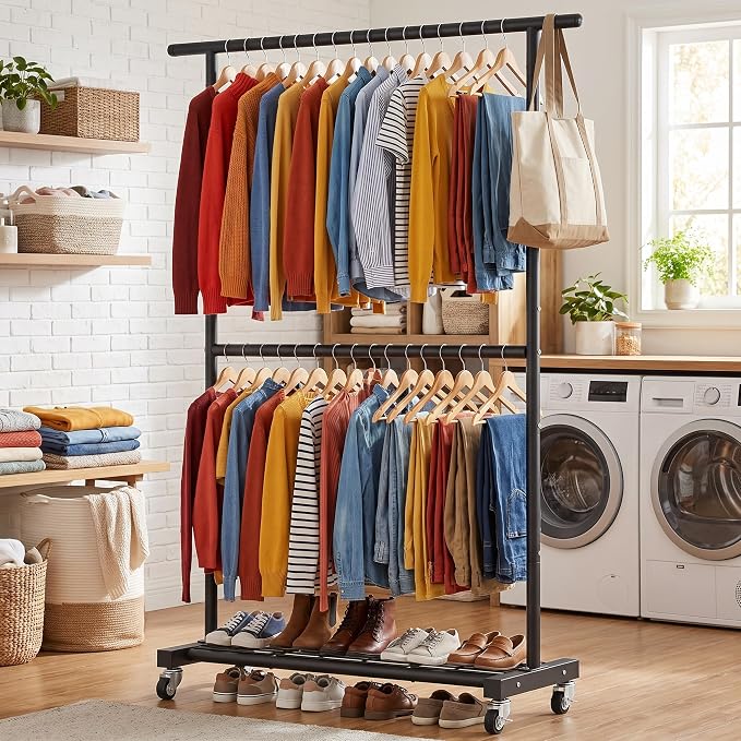 Sywhitta Double Rod Metal Clothing Rack on Wheels with Bottom Mesh,Black | Rolling Garment Organizer, for Hanging Clothes,Coats,Easy to Assemble,Space-Saving,Mobile Organizer for Closet