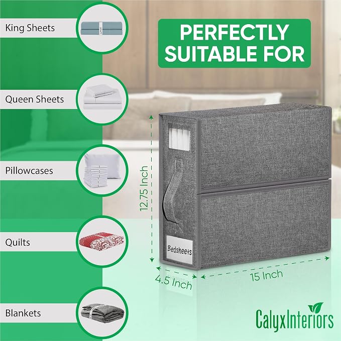 Calyx Interiors Bed Sheet Organizers and Storage | Set of 2 | Reinforced Handle & Zipper | Clear Window & Labeling Slot | Protect Linens from Dust, Moisture & Pet Hair (Queen/King Size, Soft Gray)