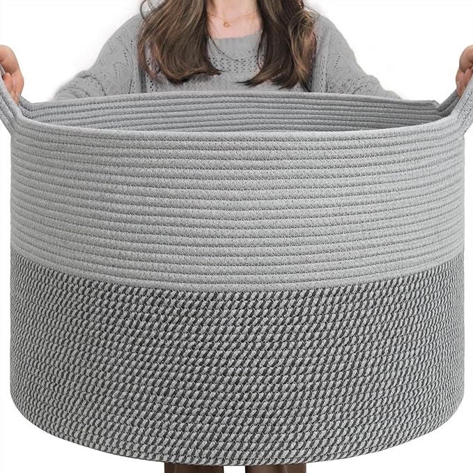 INDRESSME XXXLarge Woven Rope Blanket Basket Living Room Grey, 90L | 21.7" x 13.8" Storage baskets for toys laundry & pillows. Fits living room, bedroom or nursery décor. Soft-touch with handles