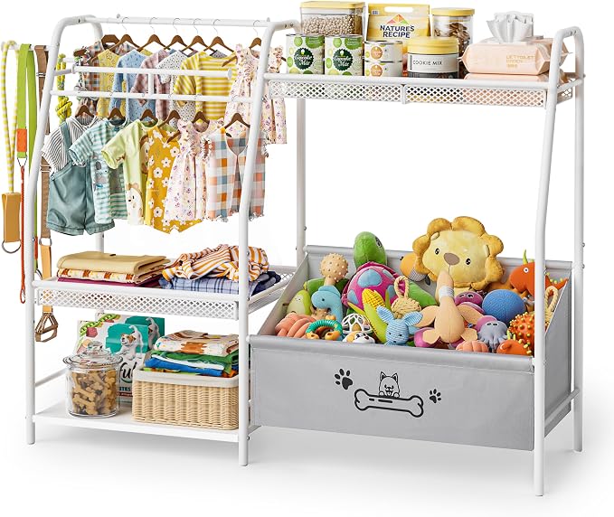 Large Dog Toy Basket with Dog Storage Organizer, Trapezoid Dogs Toy Bin Box with Collar Leash Holder Hook, Toy Holder Chest Pet Storage Cabinet for Living Room, Dogs Essentials for Pet Lovers Gift