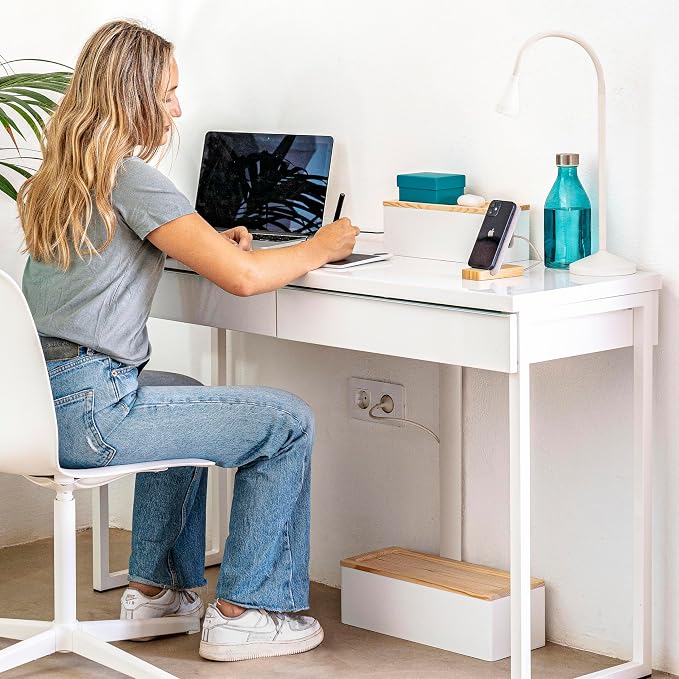 NATURE SUPPLIES Set of 2, Wood Cable Management Boxes, Large and Medium Cord Organizer to Hide Wires and Power Strips for TV, Desk, Computer, Router, Cable Storage and Home Office Organization, White