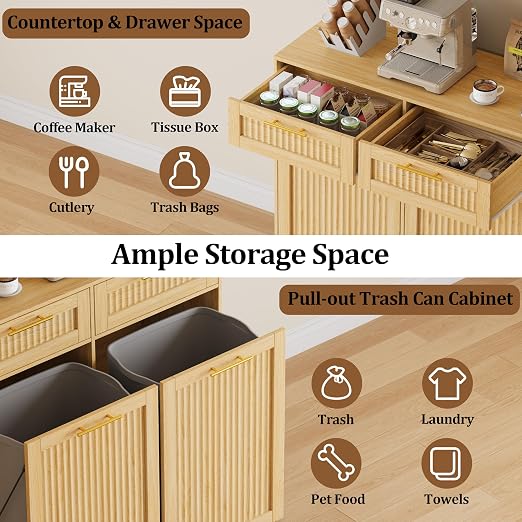 2 X 13 Gallon Pull Out Trash Can Cabinet, Double Trash Cabinet, Natural Oak | Fluted Kitchen Trash Cabinet with Drawers, Freestanding Hidden Garbage Pet Proof Trash Can Holder for Laundry, Living Room