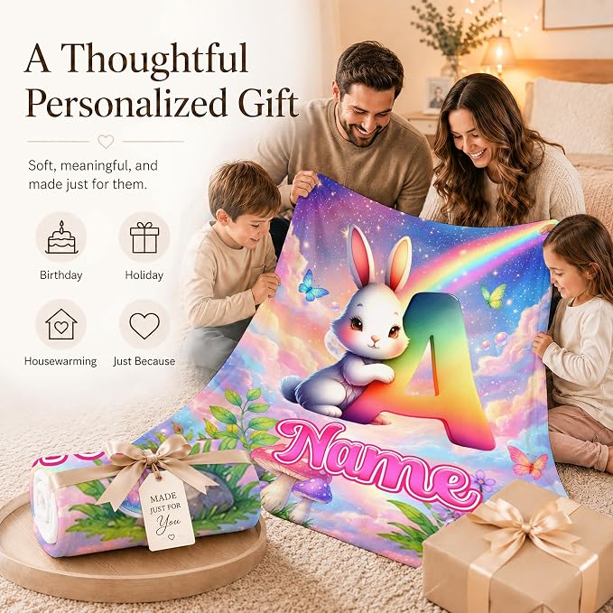 Personalized Blanket for Girls Bunny Throw, Custom Initial Name Kid Blanket | Kids Gift for Daughter, Cute Rabbit Blanket, Soft Touch, Living Room Throw
