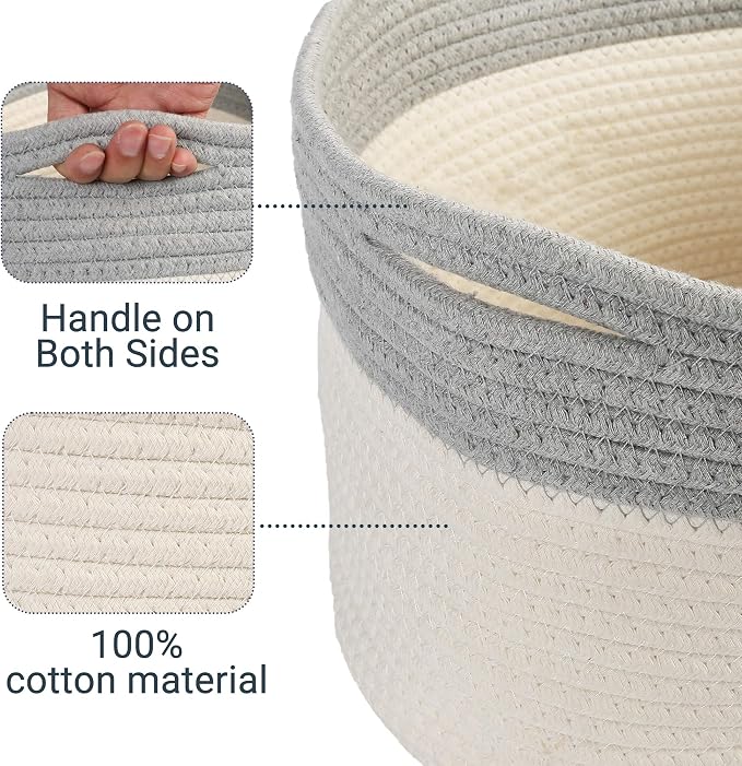 PrimePets Cat Toy Basket, Cotton Rope Storage Basket with Handles, Small Woven Pet Box Bin for Blankets, 15x10x9 inch Cat Holder Container, White and Grey