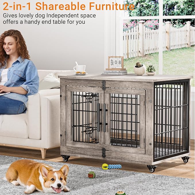 Medium Dog Crate Furniture, 32'' Heavy Duty Kennel w/Cushion & Wheels | Grey, Double Doors, Wooden Dog Cage, Chew-Resistant, End Table, Decorative, 27"/32"/38"/44" Options, Indoor