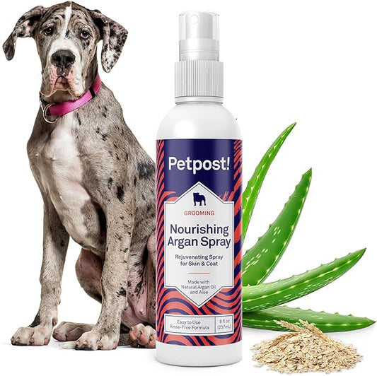 Petpost | Waterless Argan Oil Dog Shampoo Spray. Rinse-Free Cleaner & Deodorizer with Aloe & Safflower Oil. Moisturizes Skin & Softens Coat. 8 oz