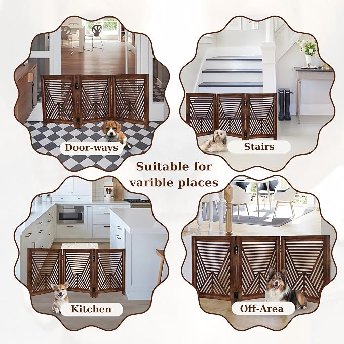 Lightnpro 3-Panel Wooden Dog Gate – Rustic Burnt Finish Foldable Freestanding Pet Barrier, Extra-Wide Indoor Safety Fence for Small Dogs & Puppies – 24x54 Inch