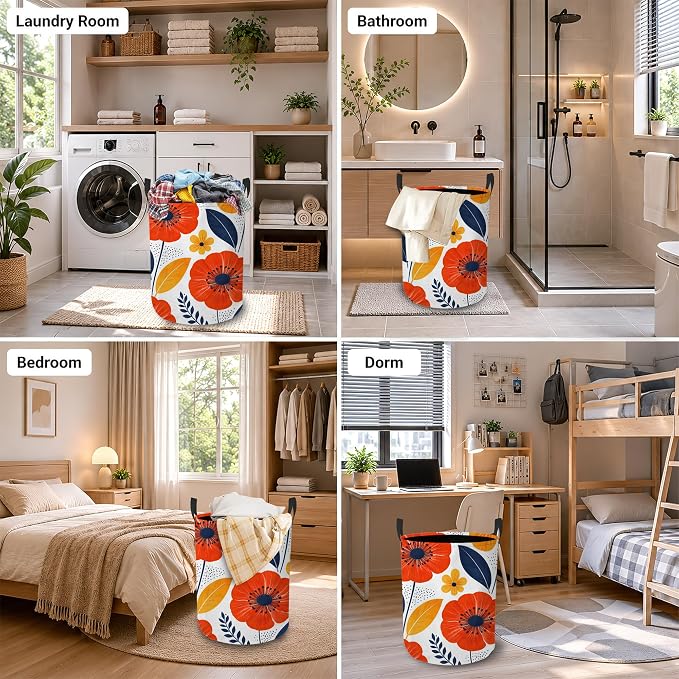Moon Stars Laundry Hamper, Floral Leaves Laundry Baskets, Waterproof Oxford Cloth for Room/Bathroom/Bedroom/Dormitories 16x20.8 Inch