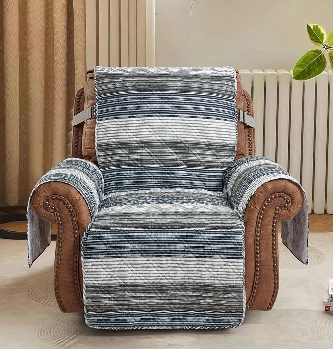 Brilliant Sunshine Multi Grey Stripes Couch Recliner Cover, 26" seat | Quilted Sofa Cover, Living Room & Bedroom Furniture Protector, Washable Reclining Chair Slipcover for Pets, Dogs & Cats