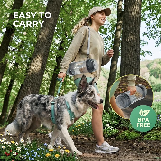 33.5oz Portable Dog Water Bottle for Travel Hydration&Food Feeder | 13.5oz Food Storage, 13.5oz Water Dispenser Bowl, 6.5oz Food Container, Leak-Proof, for All Breeds, Outdoor, Walking, Hiking