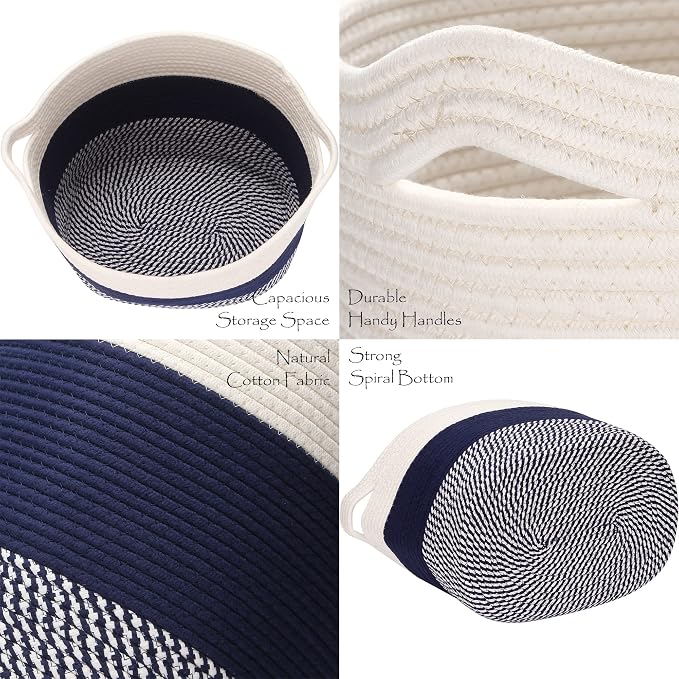Sea Team Large Woven Cotton Rope Laundry Basket with Handles, 16 x 13 in | Collapsible Knitted Hamper, Closet Shelf Organizers, Containers for Clothing, Blankets, Toys, Bedding, Mottled Navy