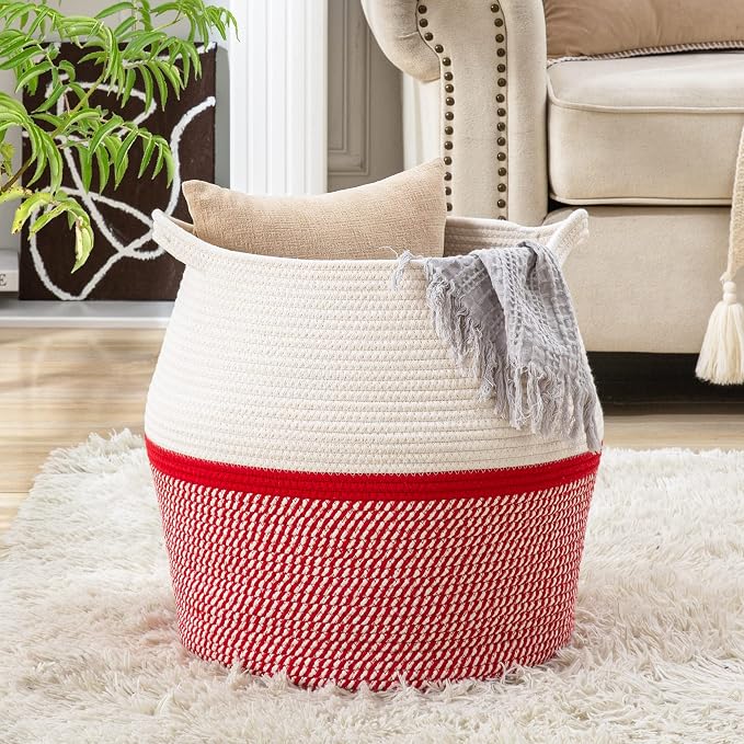 KAKAMAY Woven Baskets for Storage(17"x17"),Large Cotton Rope Woven Baby Laundry Hamper,Collapsible Laundry Basket, Blanket Basket for Organizing Living Room,Nursery,Pillows,Toy Chest(Red)