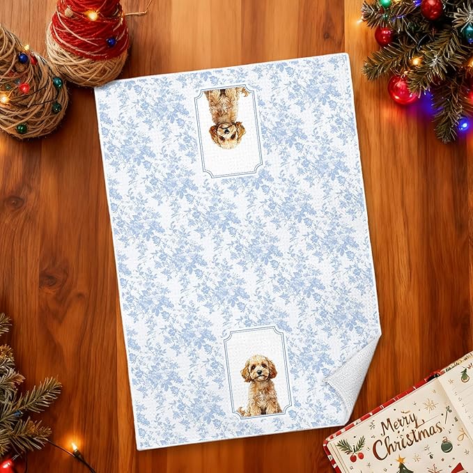 Blue and White Chinoiserie Poodle Kitchen Towels 16x24 in, Poodle Gifts for Women, Grandmillennial Toile De Jouy Floral Dog Decorative Hand Tea Dish Towels for Bathroom Kitchen