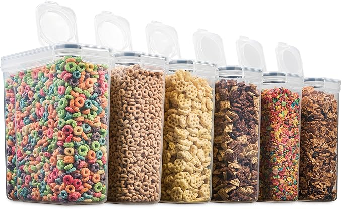 6 Pack Airtight Cereal Food Storage Container - BPA Free Plastic Kitchen and Pantry Organization Canisters for, Dry Pet Food, Flour, Sugar, Rice, Nuts, Snacks & More (135.5 Oz) Labels & Chalk Marker