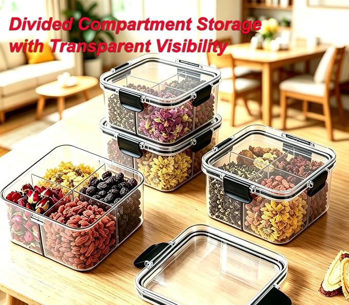 2 Pack 4 Compartment Airtight Food Storage Containers,460 ml Divided Clear Storage Box,Stack able Sealed Spice Tea Organizer for Loose Leaf Dried Tea Flower Snack Seasoning Pantry Counter Cabinet