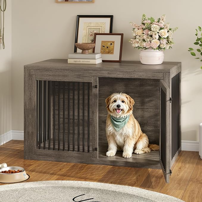 AMERLIFE Dog Crate Furniture for Medium/Large Dogs with Storage and Divider | 3-in-1 Corner Dog Kennel, Space-Saving Heavy Duty Large Cage, Grey