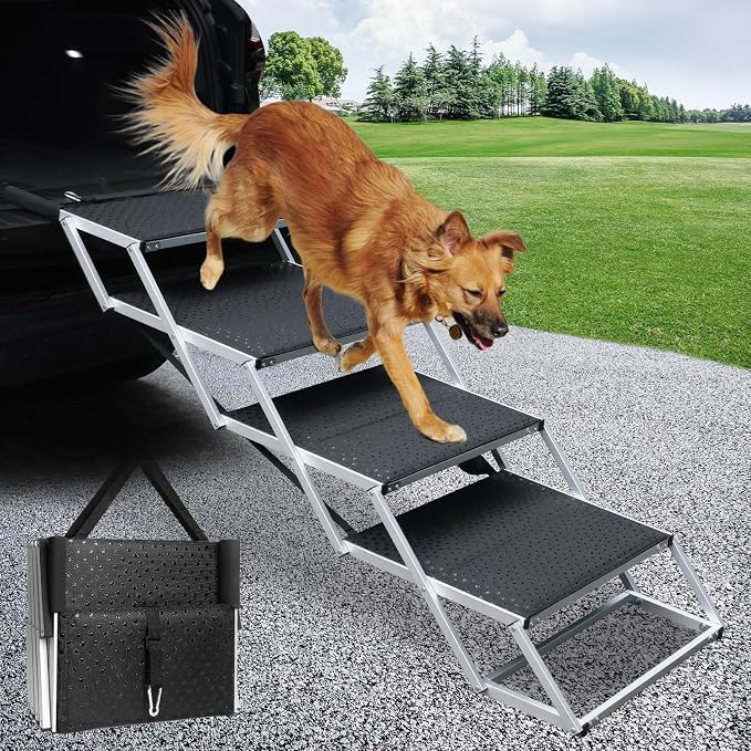 DGSL Folding Dog Stairs for Car, 16.9" Wide 4-Step Non-Slip Pet Steps | Portable Pet Stairs for Vehicle Access, Large Dogs, SUVs, Trucks and Home use