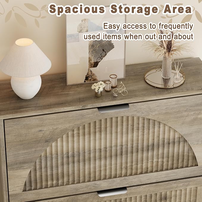 Shoe Storage Cabinet with 4 Flip Drawers, Narrow Wood Shoe Organizer Cabinet with Fluted Panel, Slim Shoe Rack for Entryway, Freestanding Shoe Cabinet for Living Room, Hallway, Grey