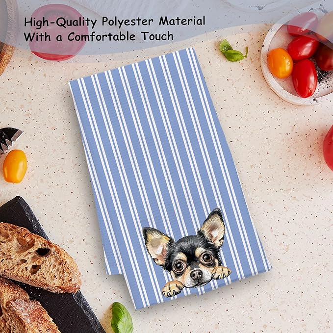 Blue and White Striped Chihuahua Dog Kitchen Towels, Chihuahua Gifts for Women Dish Tea Towels for Kitchen Decor, Dog Lovers Mom Dad Gifts Hand Towel for Bathroom Decor, 16x24 Inch