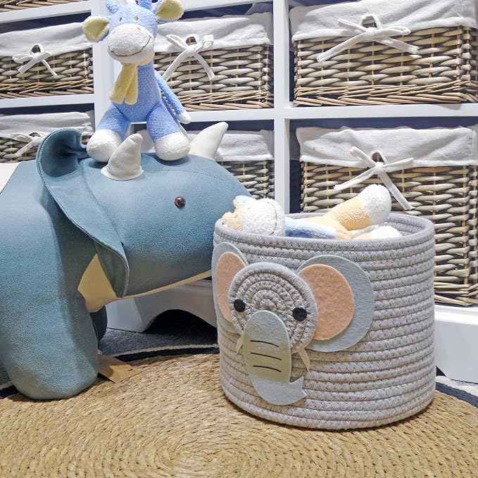 T&T Homewares Small Cotton Rope Baskets with Safari Theme Design for Baby Diaper Organizer, Nursery Storage, Nursery Room Decor, Kids Room Organizer, Cat Dog Toy Storage (Small Elephant)