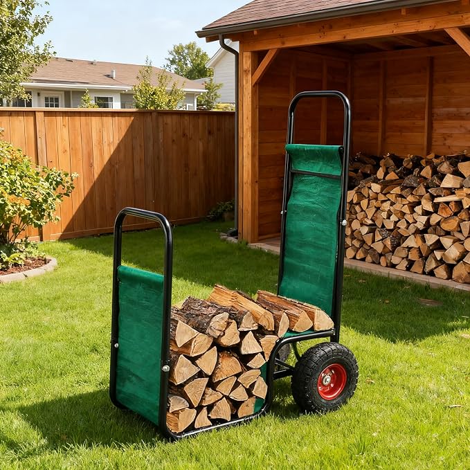 Doublehorse Firewood Cart 27x20x44in Steel Pneumatic Wheels Green | Heavy Duty Metal Waterproof Portable Storage Rack for Outdoor Camping Backyard Fireplace Indoor Use