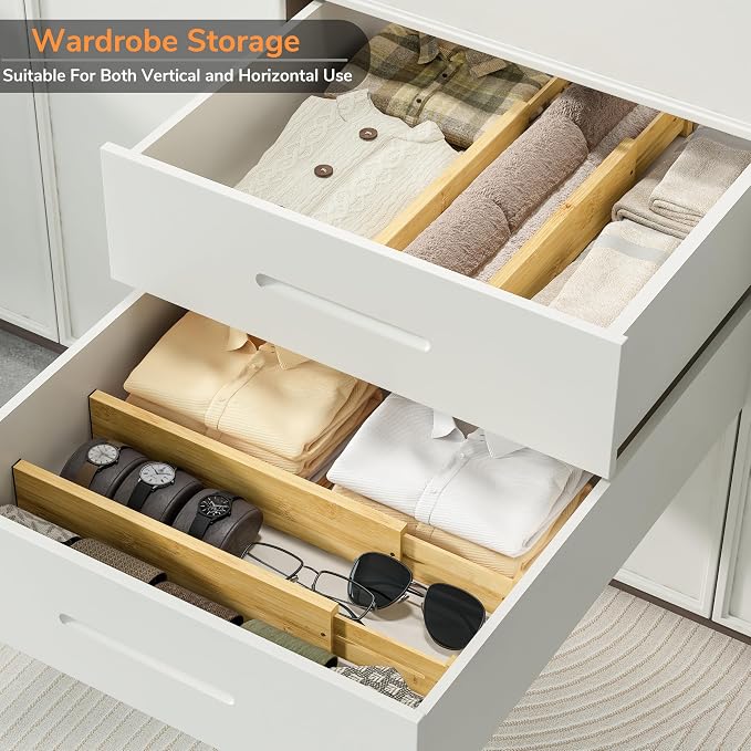 BAMEOS Bamboo Expandable Drawer Dividers – Fits 16.65"–22" Drawers, 3" Deep Walls, Set of 4 | Taller Spring-Loaded Separator Keeps Items Upright in Kitchen & Dresser Drawers