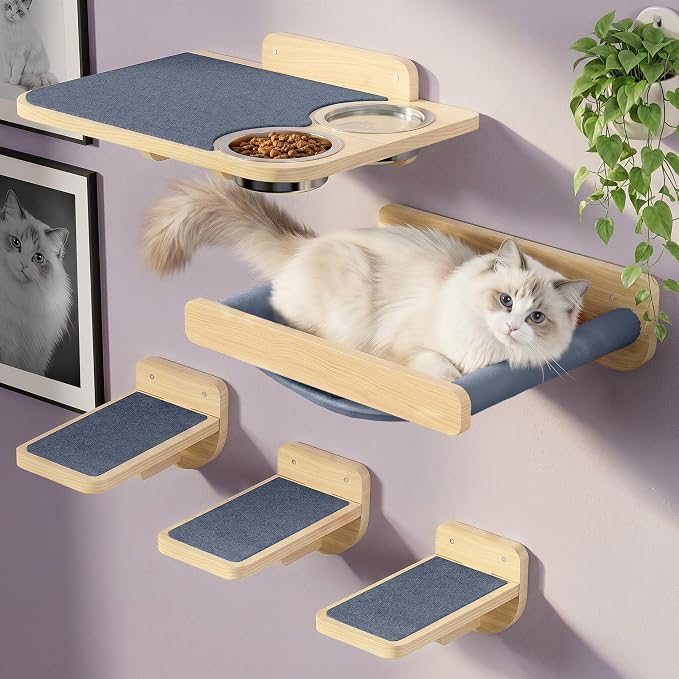 Cat Wall Shelves - Wall Mounted Cat Shelves with Feeding Station | Solid Pinewood, Gray Carpet, Supports Up to 33 lbs, Stainless Bowls, Dog-proof, Lounging, Climbing