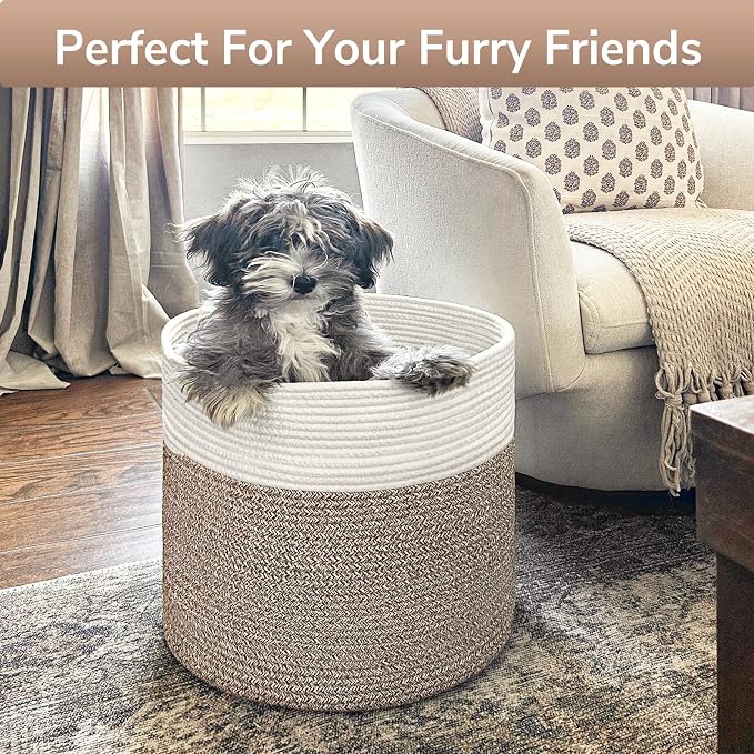 Goodpick Woven Rope Basket for Blankets Fit Nursery & Living Room, 45L | 15.8 x 15.8 x 13.8 In Storage Basket for Toys Shoes, Cute Baby Laundry Hamper for Towels, Clothes, Mele