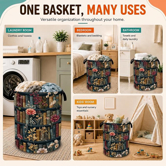 Vintage Bookshelf Flowers Laundry Basket,Foldable Oxford Laundry Hamper with Handles,Portable Clothes Tote Bag Clothes Storage Bucket Organizer 20.8" x16" For Bathroom/Laundry Storage/Bedroom
