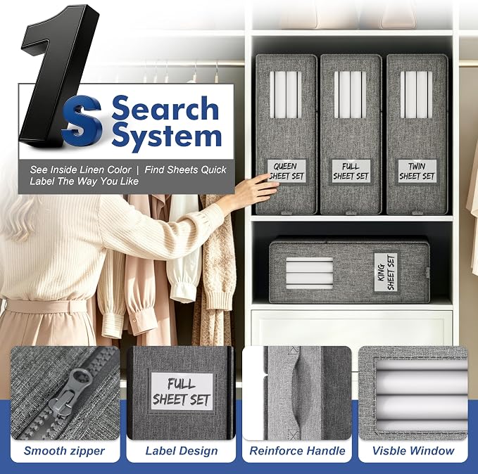 Furnhome Bed Sheet Organizers and Storage 4 Pack for Linen Closet, Foldable Sheet Set Holder with Window & Labels, Stackable Bedding Storage Boxes for Sheets, Duvet Covers, Blankets