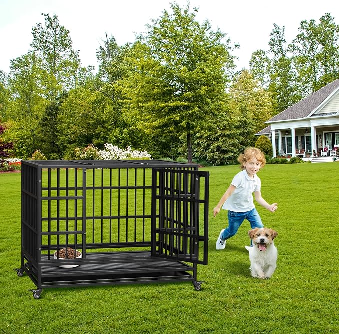 GarveeLife 42inch Heavy Duty Dog Crate, Foldable Indoor Dog Cage with Double Door, 360° Lockable Wheels and Removable Tray, Easy to Clean and Assembly，for Small Medium Dogs