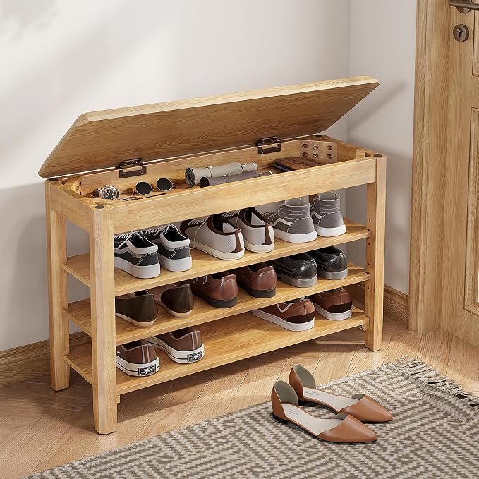 IUNVR Shoe Rack Bench Seat Rubberwood 3-Tier Wooden Storage Bench 550lbs Compact Mid-Century Modern Design for Entryway, Hallway, Closet, Front Door Entrance, Foyer