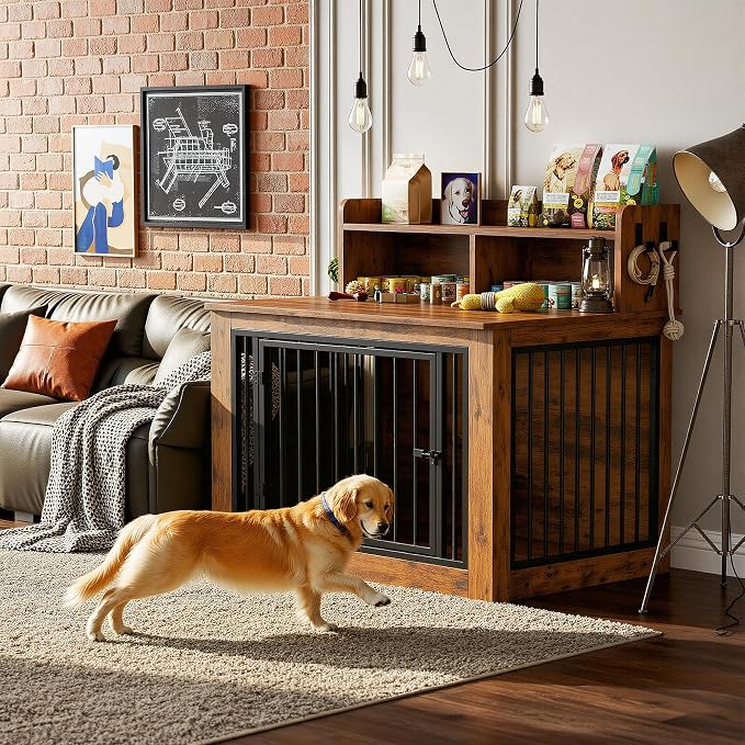 IRONCK 43.3" Extra Large Dog Crate Furniture with Storage Shelf | 10mm iron rods. Storage shelf and 4 hooks. 200 lb tabletop. 30"L x 43.3"W x 41.1"H indoor large crate