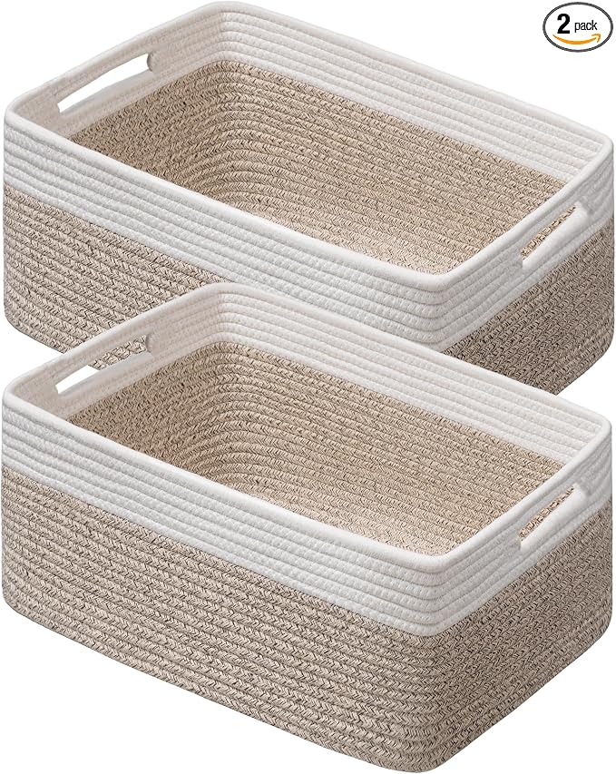 2 Pack Storage Baskets for Organizing, Large Woven Storage Basket, White&Brown