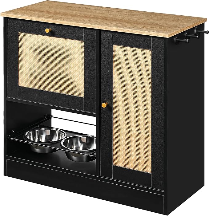Pet Feeding Station with Elevated Bowls, Pull Out Drawer, Rattan Doors, Storage Lockers, Side Hooks, Anti Tipping Kit, Hidden Food Water Organizer for Dogs Cats Home Supply Furniture