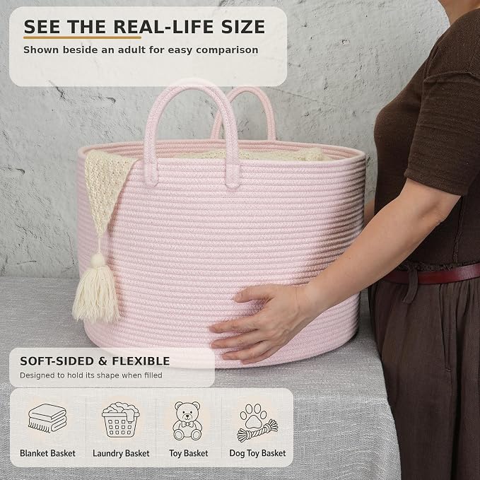 XUANGUO 66L Large Blanket Basket, Round Cotton Rope Basket, Light Pink | 20" x 13" Laundry Basket with Sturdy Handles for Blankets, Pillows and Toys; Storage for Living Room, Bedroom and Nursery
