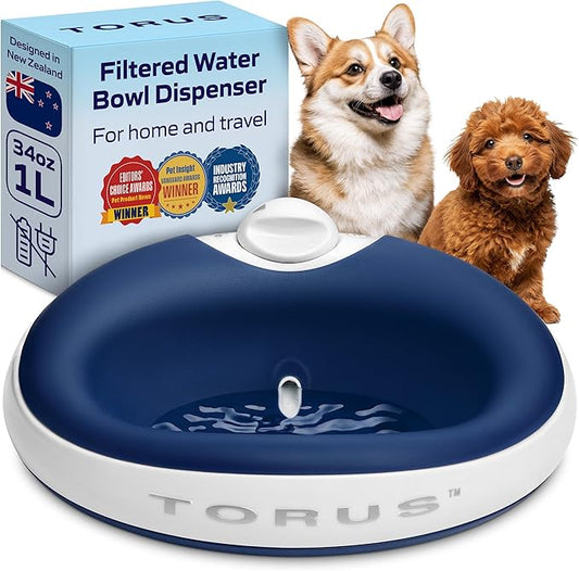 Mini Filtered Water Bowl for Cats & Small Dogs, 1L/34oz - No Power Needed, Auto-Refill, No Spill, Portable Travel Lock, Carbon Filter, BPA-Free, Puppies & Kittens