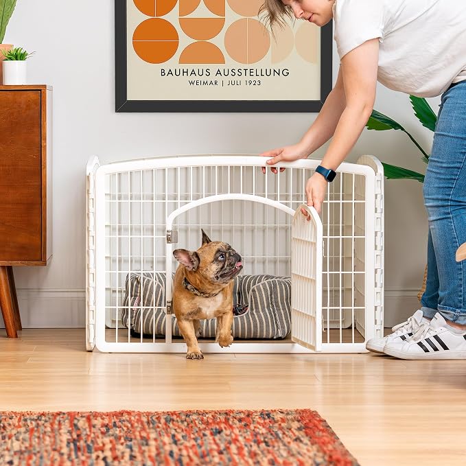 IRIS USA 4-Panel Dog Playpen with Door, Pet Enclosure | Molded Plastic, Puppy Training, Indoor Outdoor, Foldable Design, Heavy Duty, Rust-Free