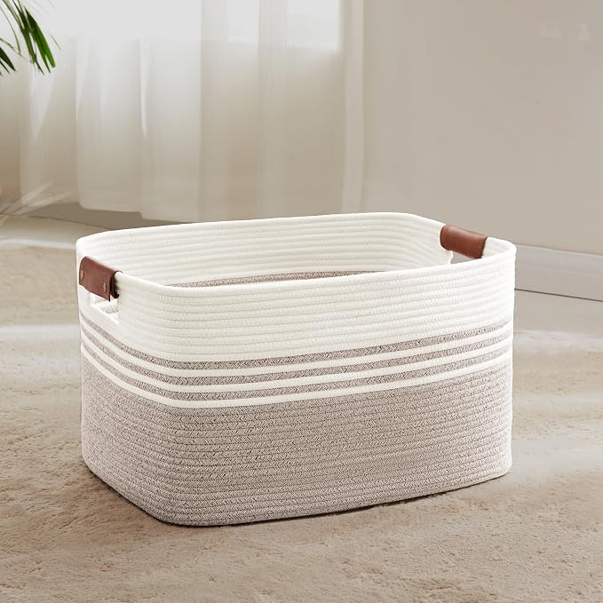 60L Woven Laundry Basket Hamper with Leather Handles,Brown | collapsible wicker hamper, storage for dirty clothes, toys, blankets, gifts, living room, bedroom, bathroom, 21"x15"x11"