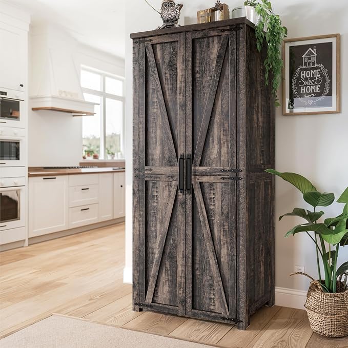 Furnaza Farmhouse 72" H Kitchen Pantry Cabinet with Adjustable Shelves | LED Craft Storage Cabinet Cabinet with 2 Barn Doors for Craft Room,Dining Room,Living Room,Home Office,16"D x 30"W